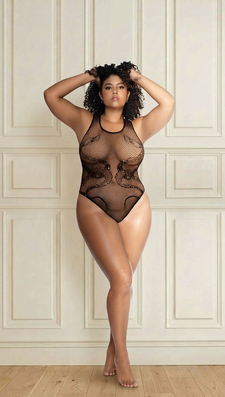 Mapalé Slangen Visnet Rhinestone Bodysuit Maat 1XL/2XL