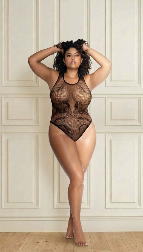 Mapalé Slangen Visnet Rhinestone Bodysuit Maat 1XL/2XL