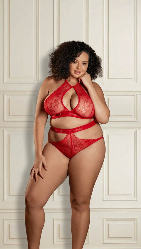 Allure Lace Halter Top & Backless Panty Plus Size