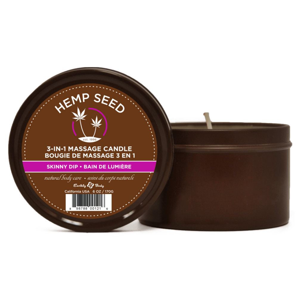 Earthly Body Skinny Dip massagekaars 170 g, smelt tot warme massageolie met hydraterende hennepzaadolie