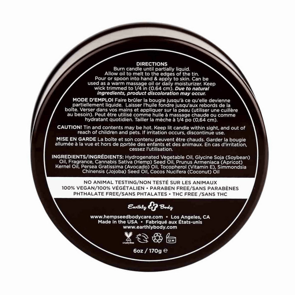 Achterkant etiket Earthly Body Guavalava massagekaars 170 g, ingrediënten en gebruiksinfo