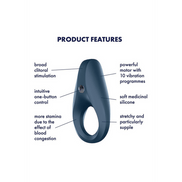 Satisfyer Rocket Ring cockring donkerblauw, eigenschappen pictogrammen, waterdicht en oplaadbaar, productinfo