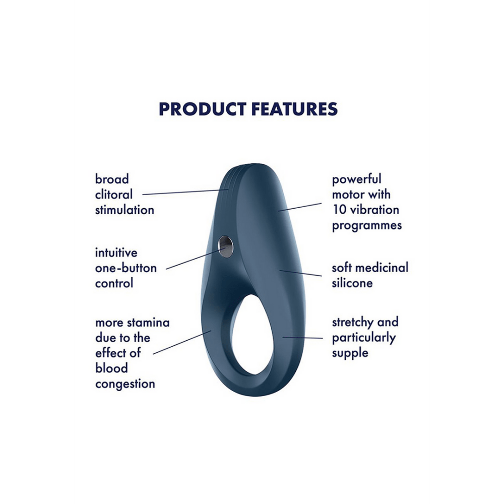 Satisfyer Rocket Ring cockring donkerblauw, eigenschappen pictogrammen, waterdicht en oplaadbaar, productinfo