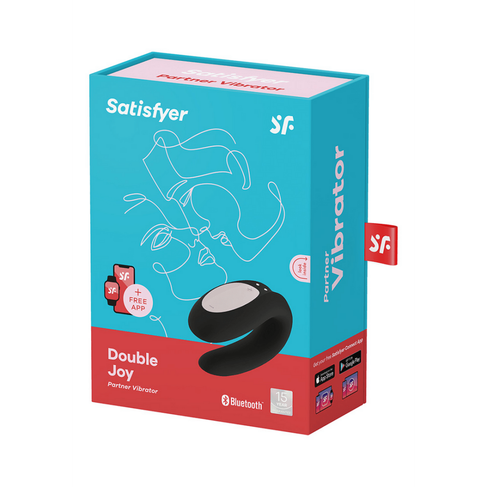 Verpakking Satisfyer Double Joy partner vibrator zwart, originele doos op witte achtergrond