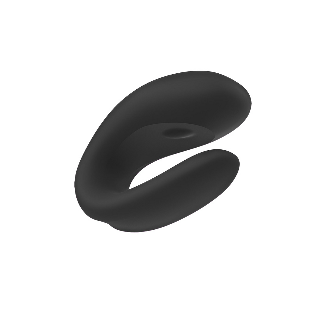 Satisfyer Double Joy koppelvibrator zwart, zijaanzicht, compact ontwerp met flexibele armen, studio productfoto