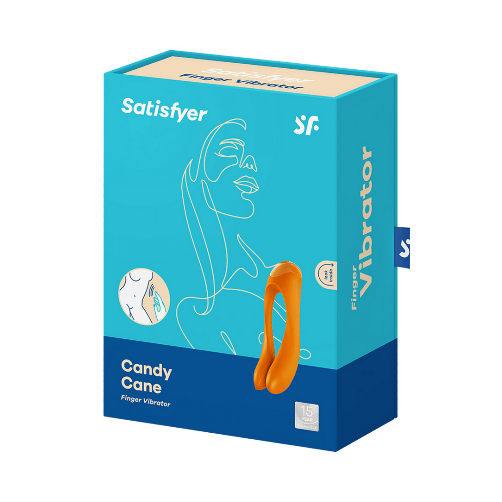 Verpakking Satisfyer Candy Cane vingervibrator oranje, originele doos op witte achtergrond