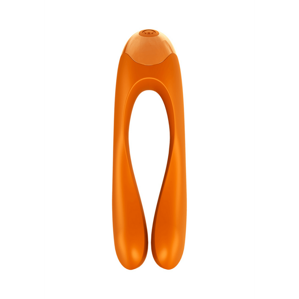 Satisfyer Candy Cane vingervibrator oranje, achteraanzicht, compacte multivibrator met zachte siliconen buitenkant