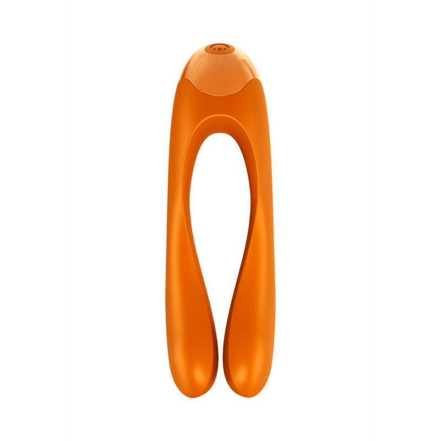 Satisfyer Candy Cane vingervibrator oranje, achteraanzicht, compacte multivibrator met zachte siliconen buitenkant