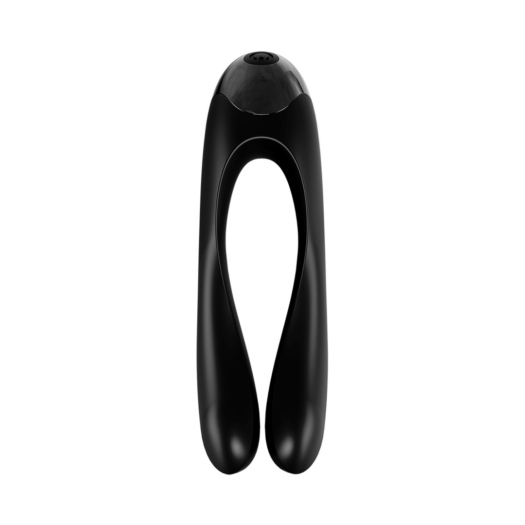 Satisfyer Candy Cane vingervibrator zwart, achteraanzicht, compacte finger vibe met opening, productfoto