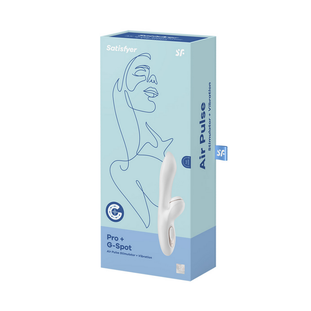 Verpakking Satisfyer Pro+ G-Spot Air Pulse vibrator wit roségoud, originele doos op witte achtergrond