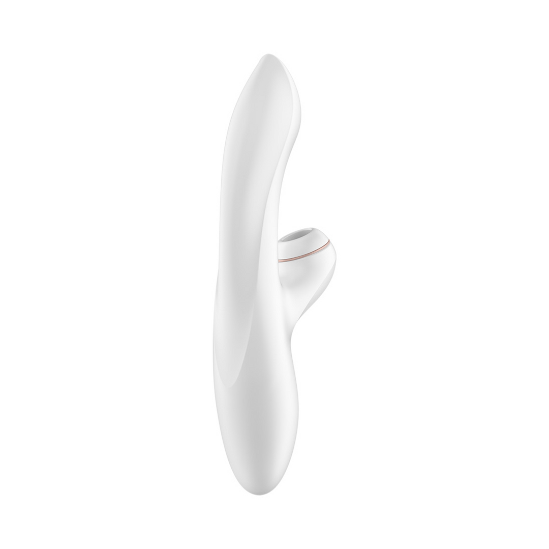 Satisfyer Pro+ G-Spot Air Pulse vibrator wit roségoud, zijaanzicht met bediening, zachte siliconen afwerking