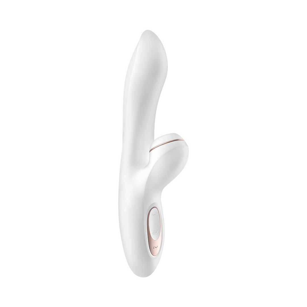 Satisfyer Pro+ G-Spot Air Pulse vibrator wit roségoud, schuin vooraanzicht, clitoris mondstuk en gebogen tip