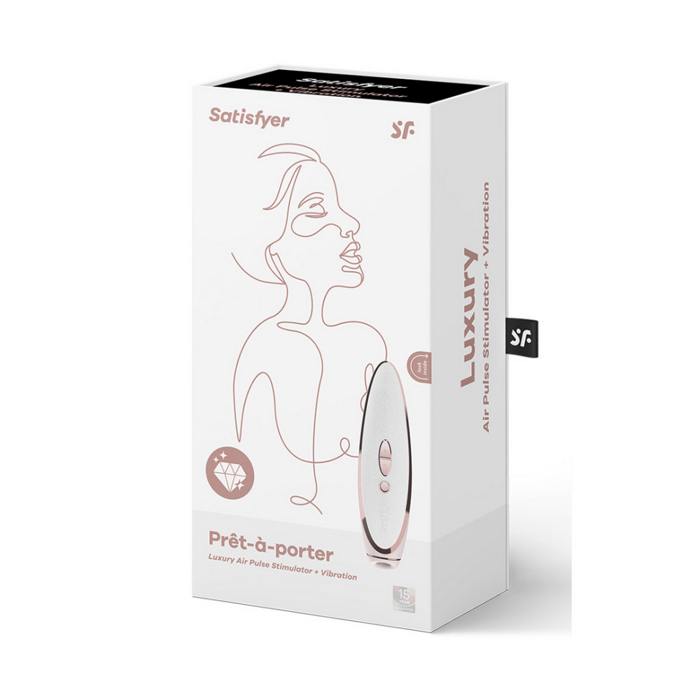 Verpakking Satisfyer Prêt-à-Porter Air Pulse vibrator wit roségoud, originele doos op witte achtergrond