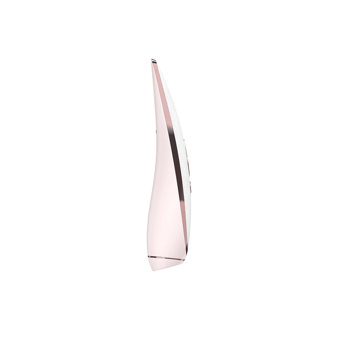Satisfyer Prêt-à-Porter Air Pulse vibrator wit roségoud, vooraanzicht met ronde zuigopening en bediening, studio productfoto