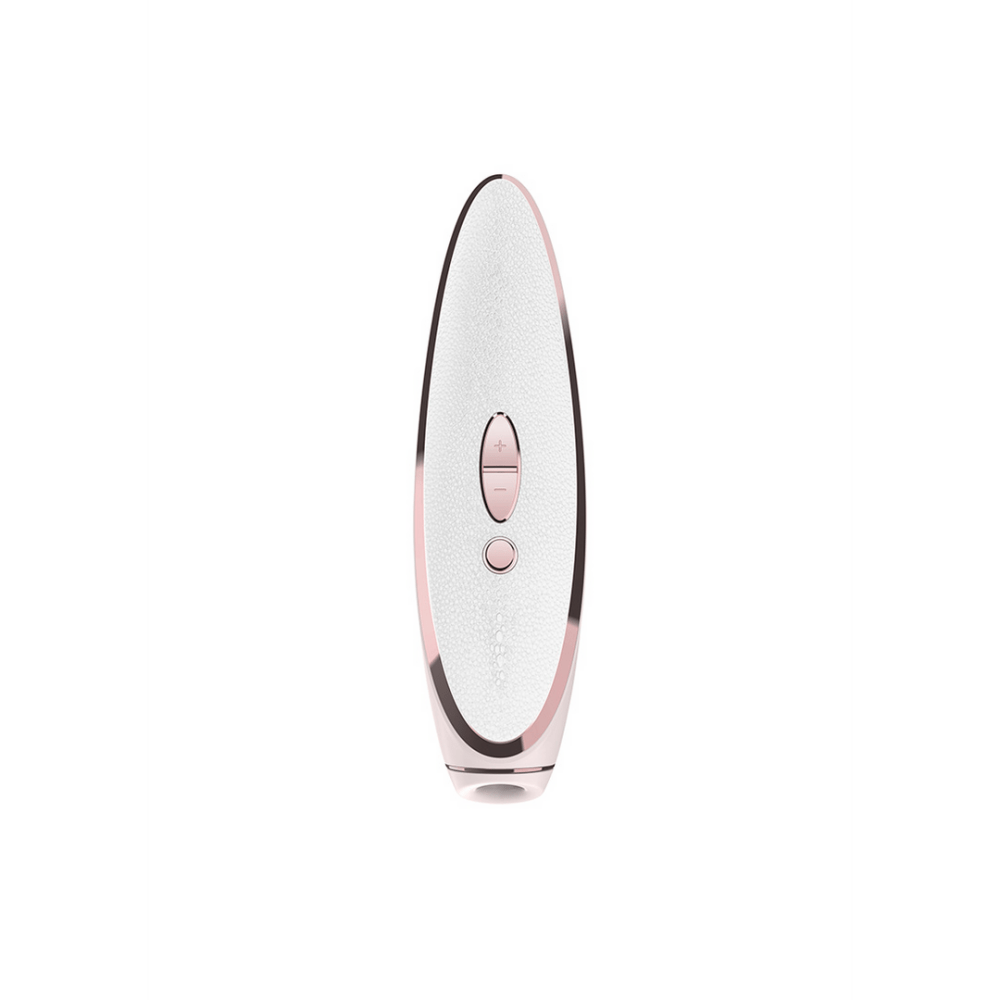 Satisfyer Prêt-à-Porter Air Pulse stimulator wit roségoud, zijaanzicht met slanke grip en roségouden accent