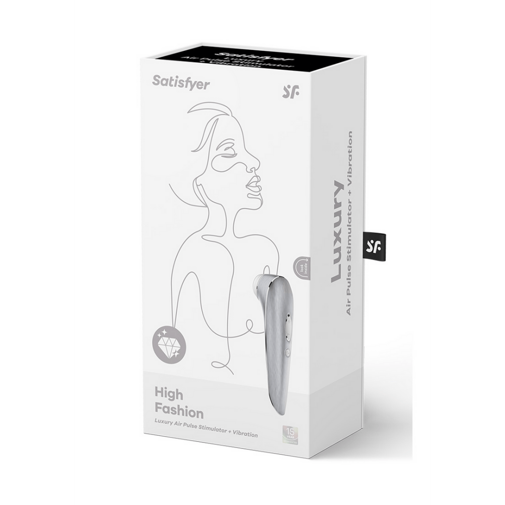 Verpakking Satisfyer High Fashion Air Pulse vibrator zilverkleurig, originele doos op witte achtergrond