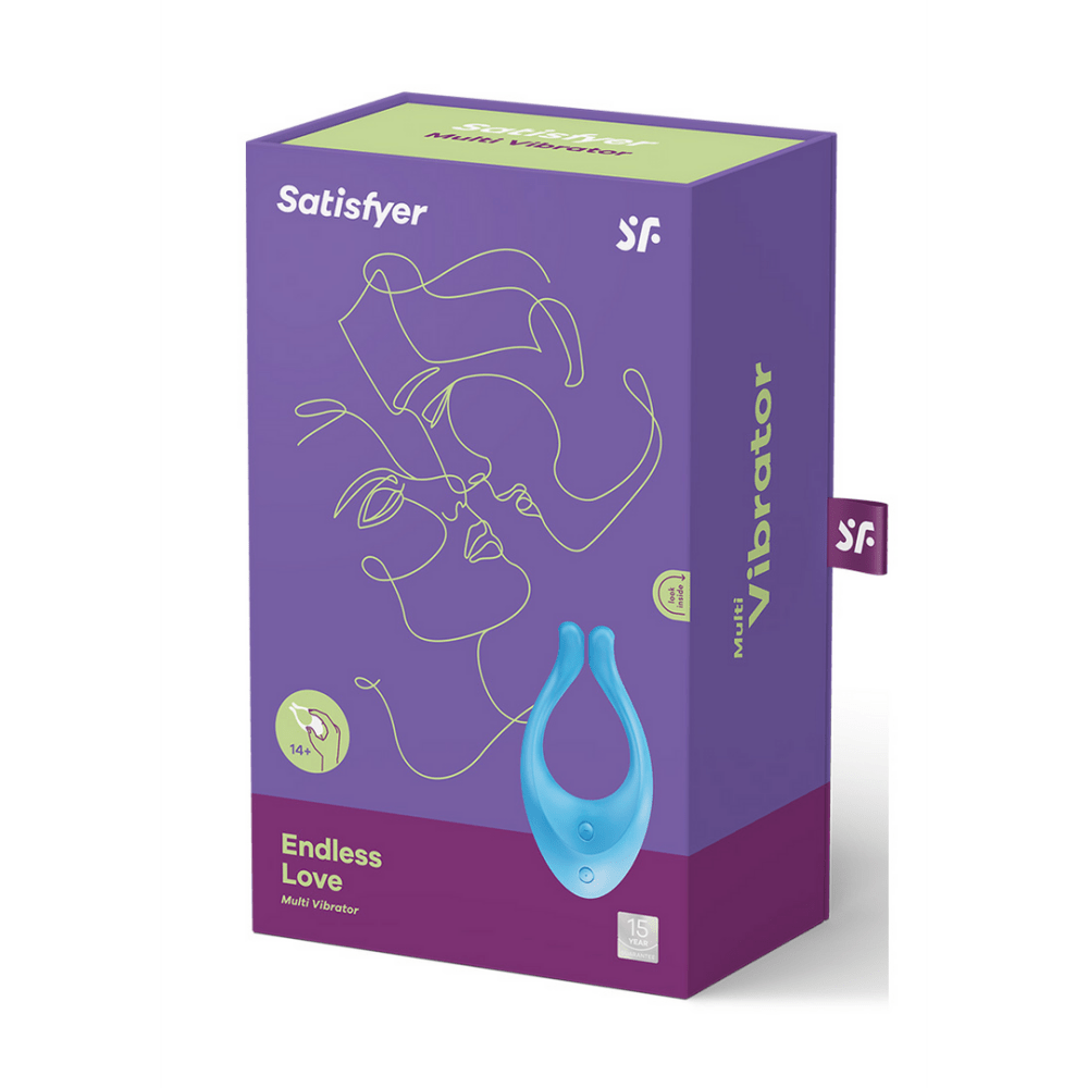 Verpakking Satisfyer Endless Love multivibrator lichtblauw, originele doos op witte achtergrond