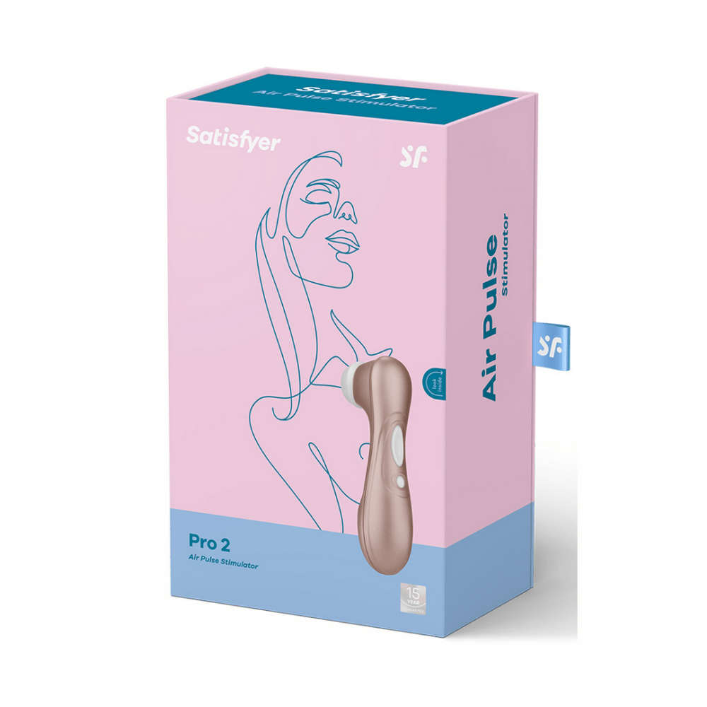 Verpakking Satisfyer Pro 2 Air Pulse stimulator lichtgoud, originele doos op witte achtergrond