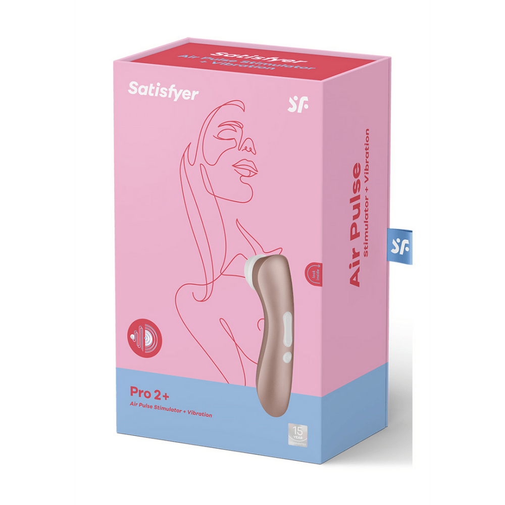 Verpakking Satisfyer Pro 2+ Air Pulse vibrator lichtgoud, originele doos op witte achtergrond