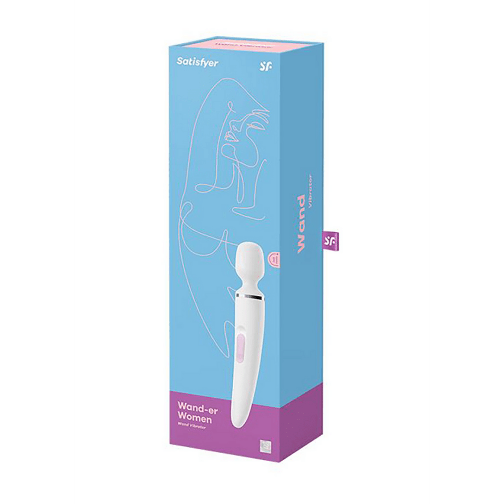 Verpakking Satisfyer Wand-er Woman wand vibrator wit, originele doos op witte achtergrond