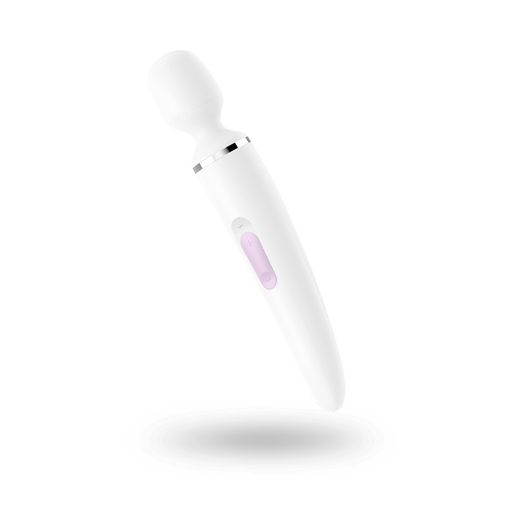 Satisfyer Wand-er Woman wand vibrator wit, zijaanzicht, slanke steel en ronde massagetop, productfoto