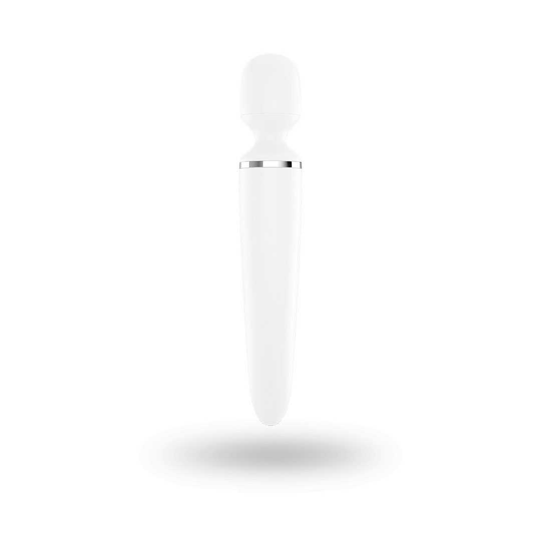 Satisfyer Wand-er Woman wand vibrator wit, rechtopstaand vooraanzicht, compacte wand met oplaadbasis