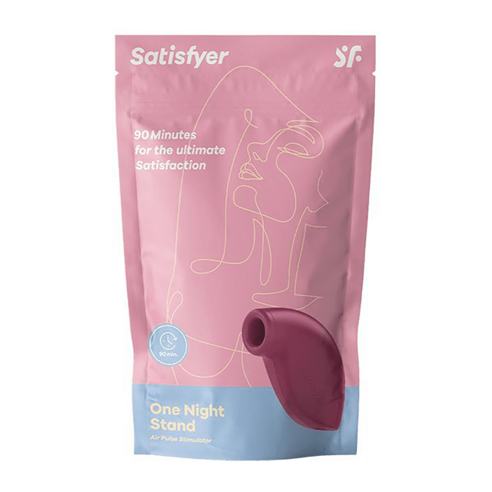 Verpakking Satisfyer One Night Stand Air Pulse stimulator paars, originele doos op witte achtergrond