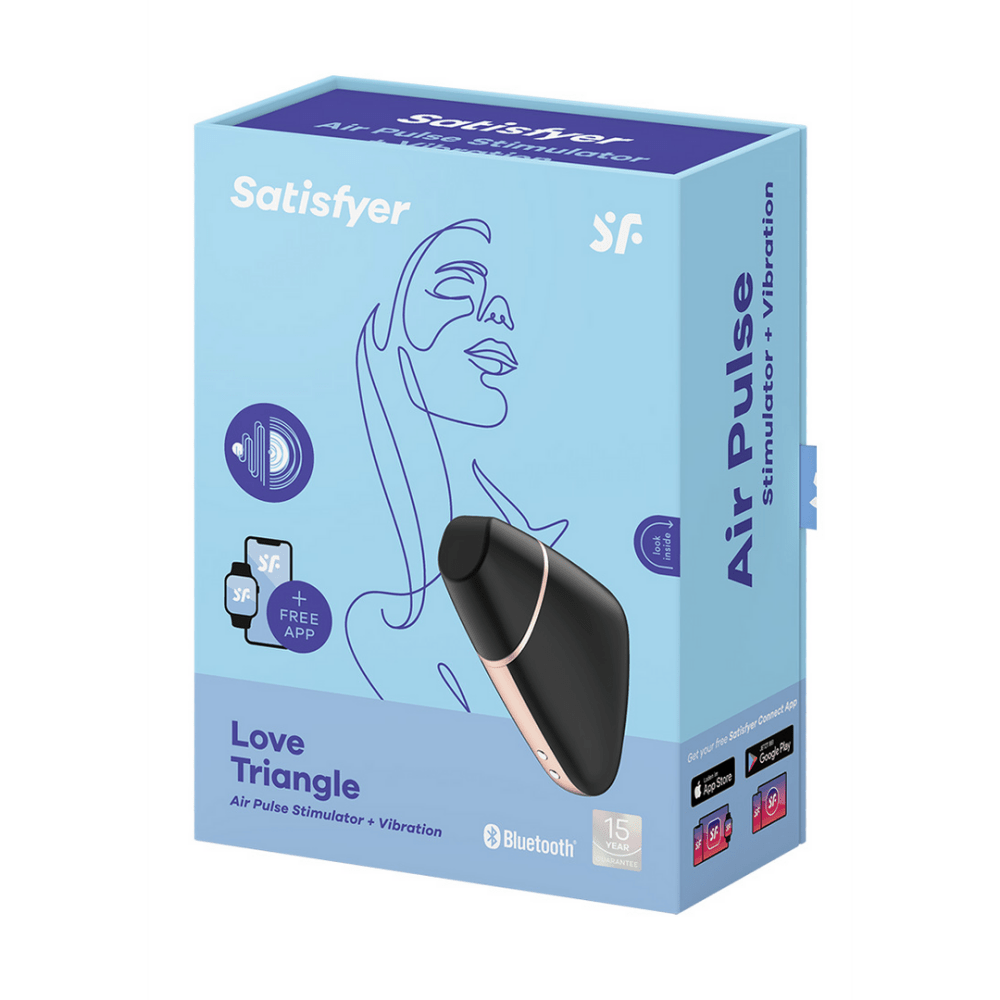 Verpakking Satisfyer Love Triangle Air Pulse vibrator zwart, originele doos op witte achtergrond