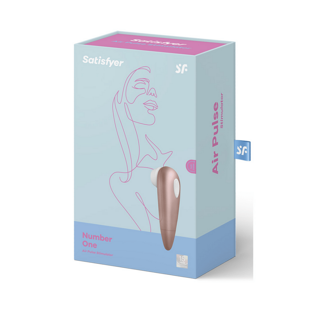 Verpakking Satisfyer Number 1 Air Pulse stimulator lichtgoud, originele doos op witte achtergrond