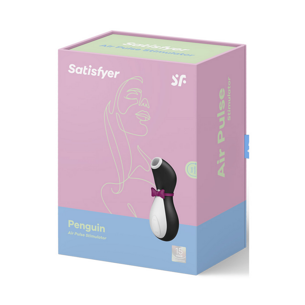 Verpakking Satisfyer Penguin Air Pulse vibrator zwart wit, originele doos op witte achtergrond