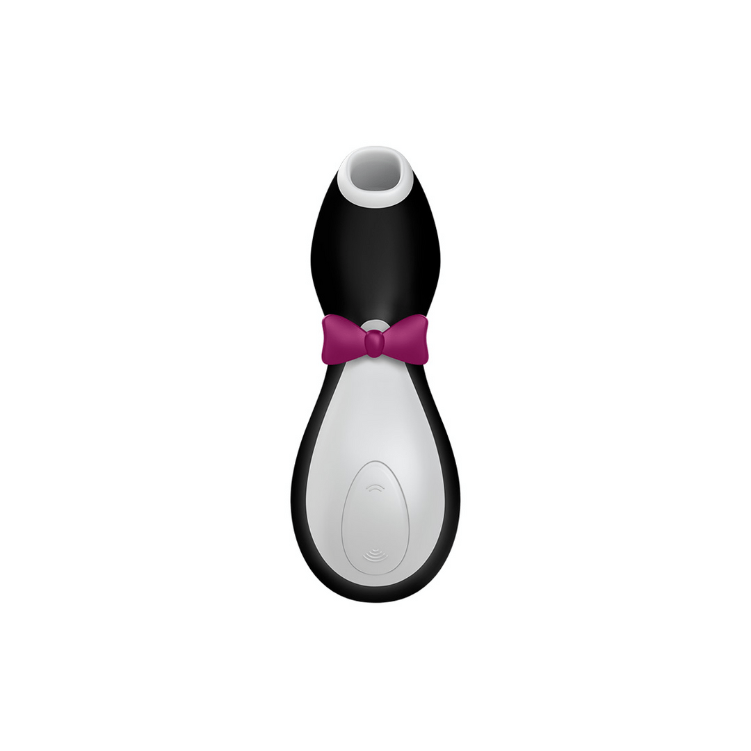 Satisfyer Penguin Air Pulse vibrator zwart wit, vooraanzicht met bediening, compact handformaat