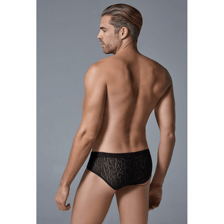 Allure Leopard Slip mid-rise zwart, semi-transparante slip met leopard mesh, maat S/M, man in zijaanzicht