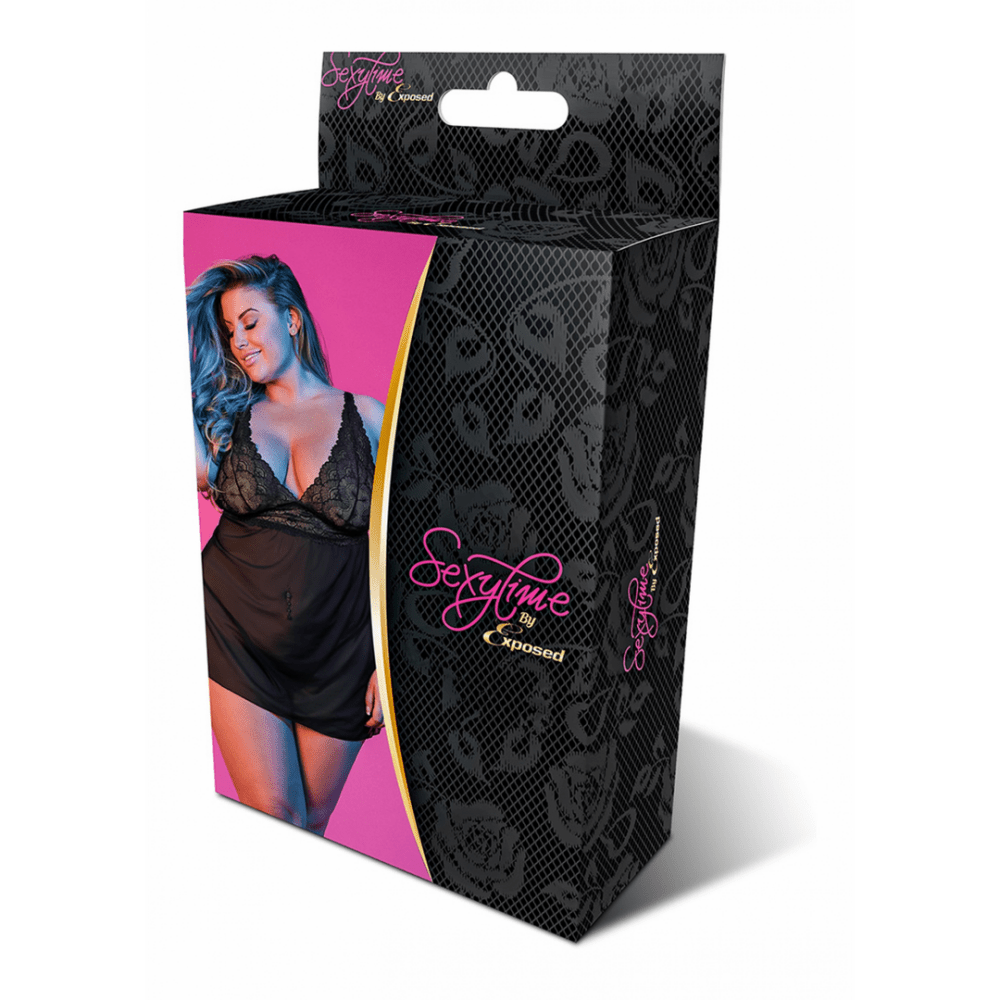 Verpakking Magic Silk V-back babydoll met string zwart, maat 2X, originele productdoos op witte achtergrond