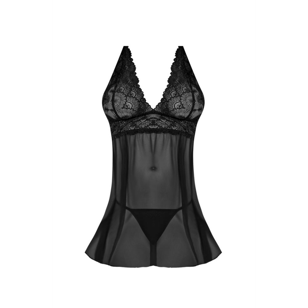 Detail Magic Silk V-back babydoll zwart, maat S/M, close-up van V-rug, bandjes en kanten afwerking
