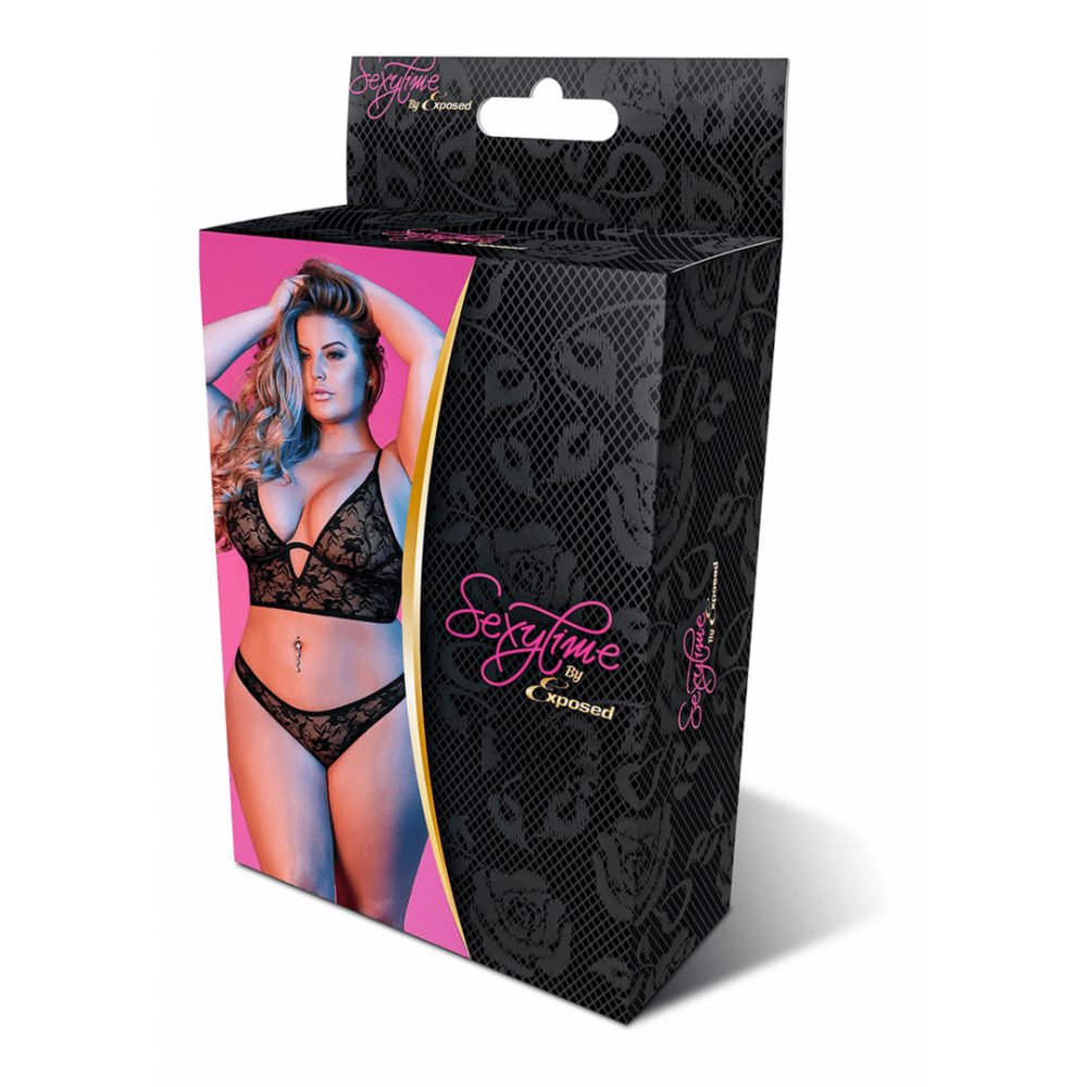 Verpakking Magic Silk underwired bralette panty set zwart, maat 2X, originele productdoos op witte achtergrond