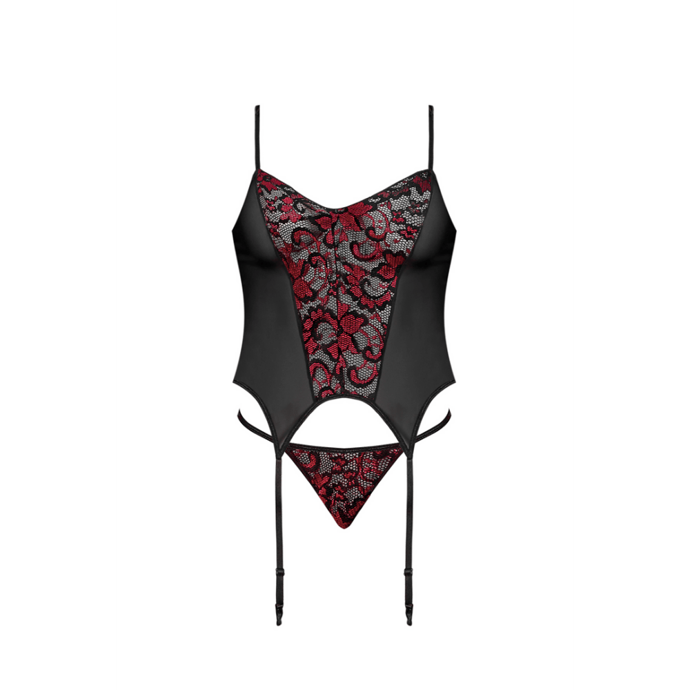 Detail Magic Silk Merry Widow set zwart, maat L/XL, close-up van corsetpaneel, kant en jarretelbandjes