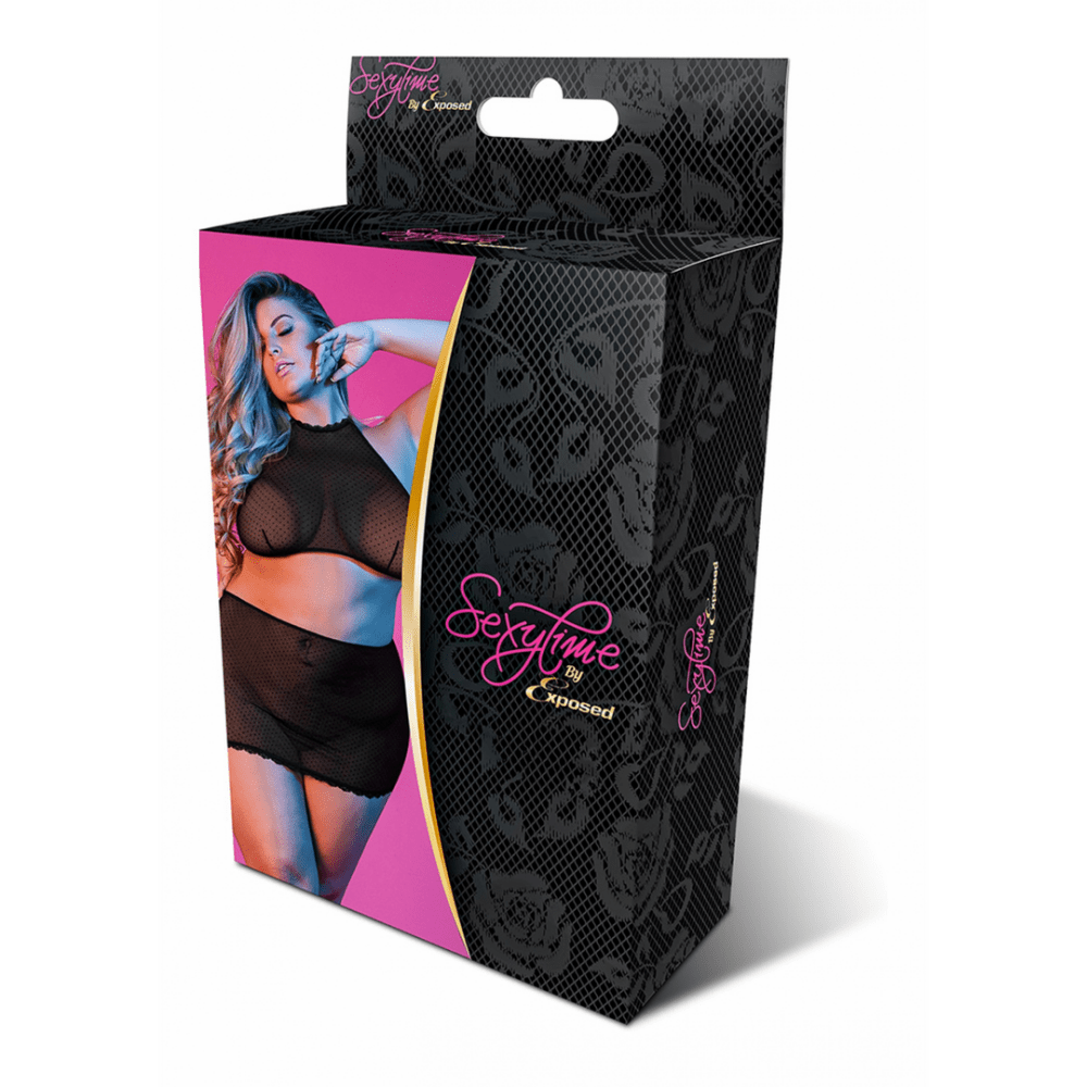Verpakking Magic Silk halter crop top en minirok set zwart, maat 2X, originele productdoos op witte achtergrond