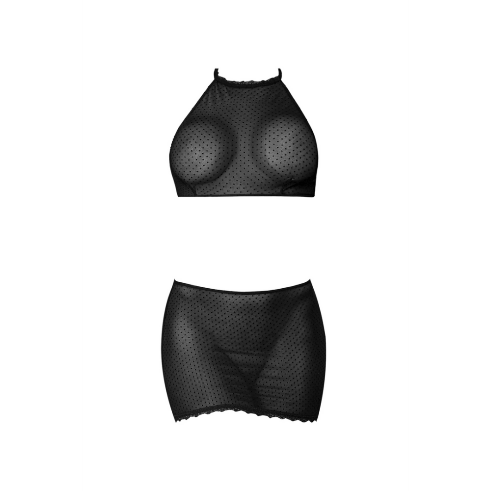 Detail Magic Silk halter crop top en minirok set zwart, maat 2X, close-up van halterband en tailleband