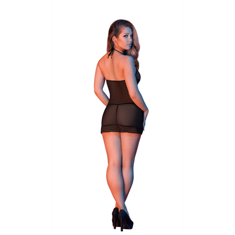 Model draagt Magic Silk nightgown met G-string set zwart, maat L/XL, vooraanzicht, aansluitend en verleidelijk
