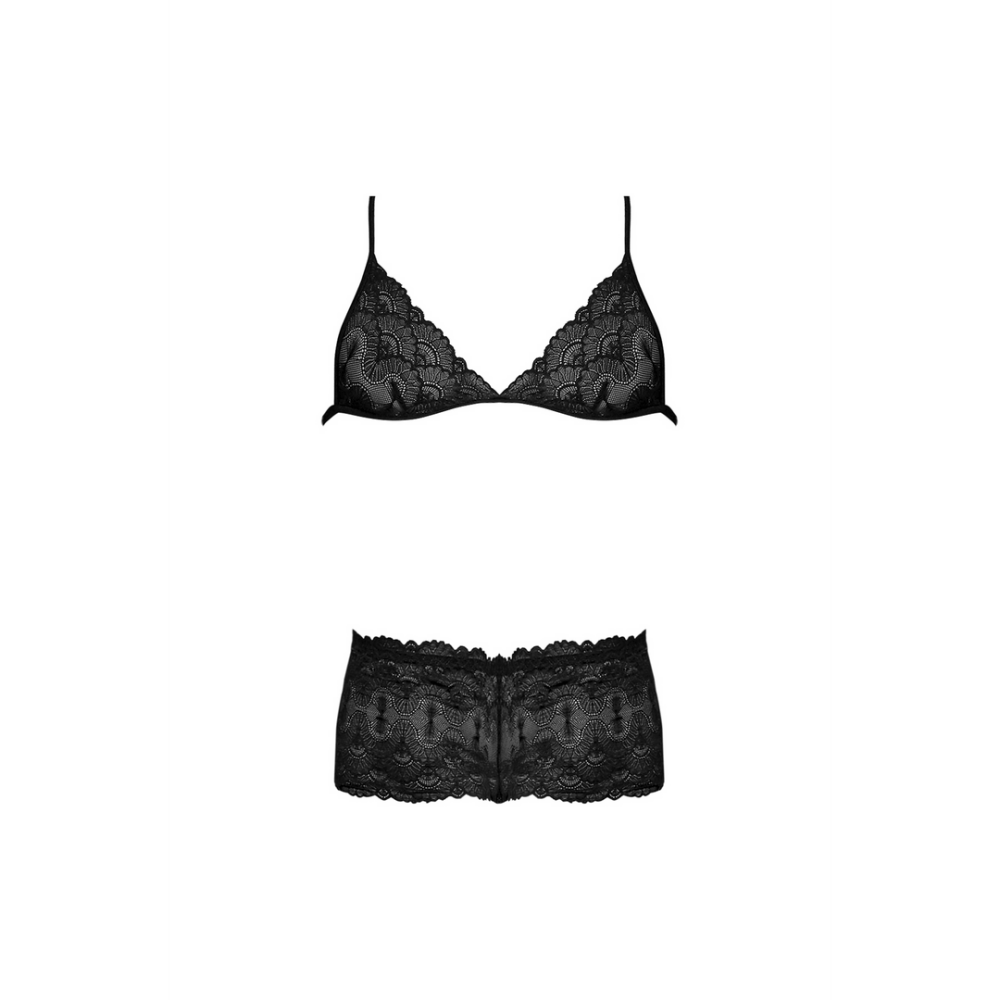 Magic Silk triangle bh en slip set zwart, maat S/M, plat gefotografeerd op witte achtergrond
