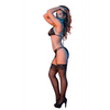 Model draagt Magic Silk kanten BH set met jarretels en string, zwart, maat L/XL, zijaanzicht