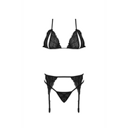 Model draagt Magic Silk kanten BH set met jarretels en string, zwart, maat L/XL, vooraanzicht met kousen