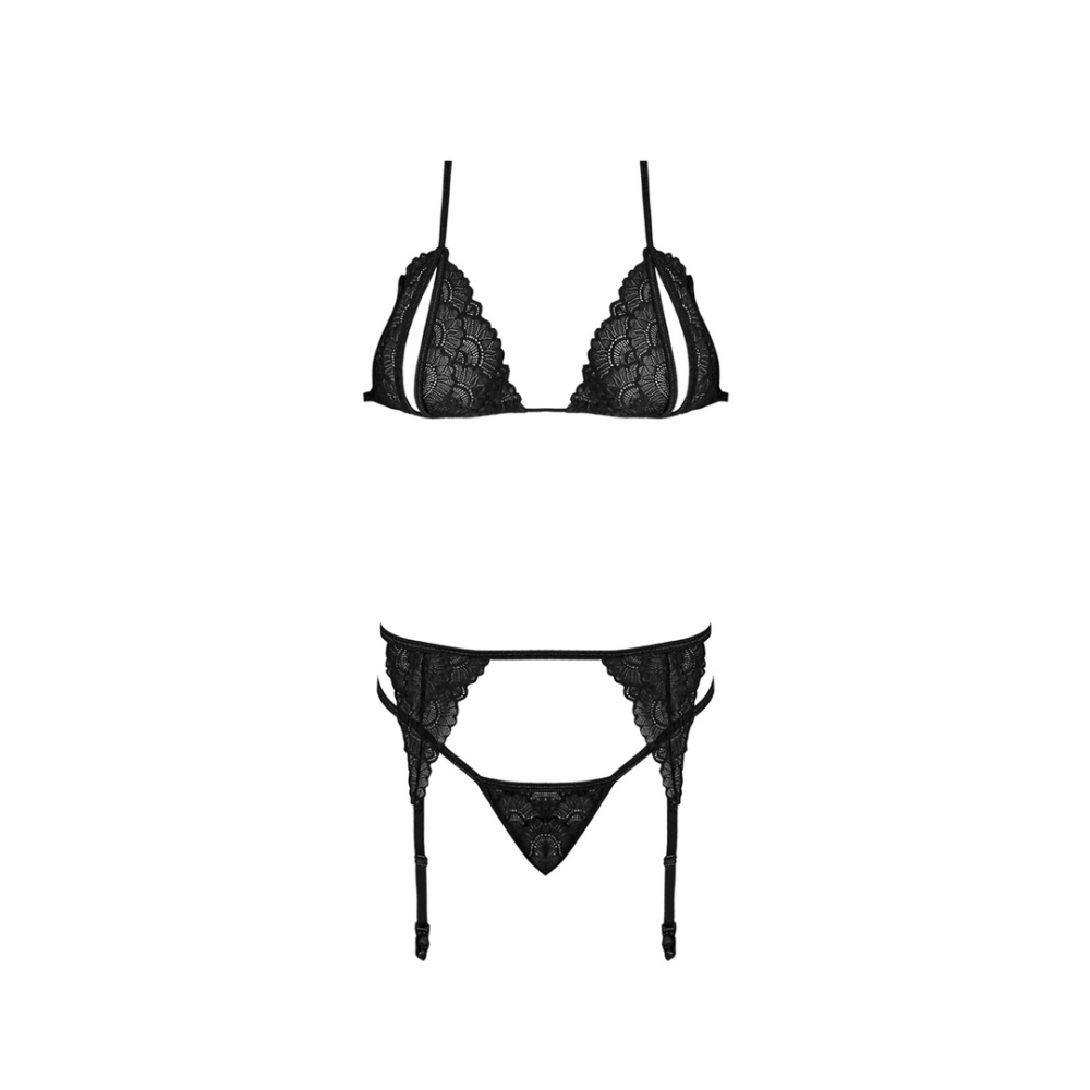 Model draagt Magic Silk kanten BH set met jarretels en string, zwart, maat L/XL, vooraanzicht met kousen
