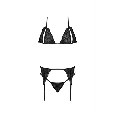 Peek-a-Boo Bra, Garter and G-String Set - L/XL - Black