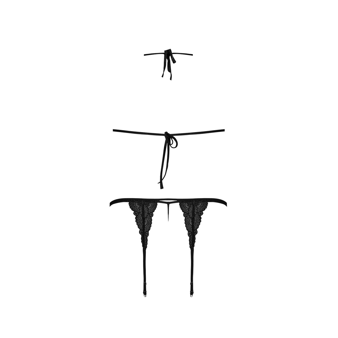 Magic Silk Spitzen-Dessous-Set mit BH, Strapsen und String L/XL | Schwarz