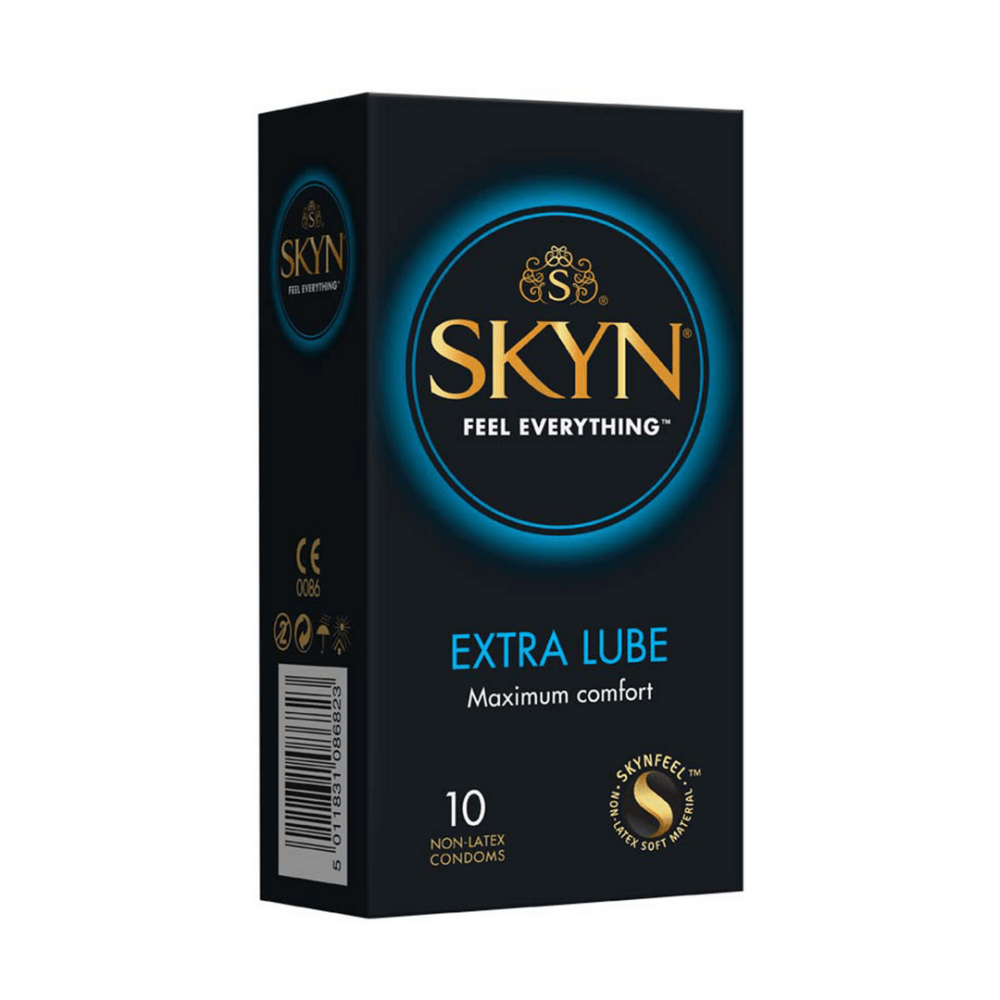 Mates Skyn Extra Lubricated condooms 10 stuks, verpakking zwart met blauw accent, vooraanzicht
