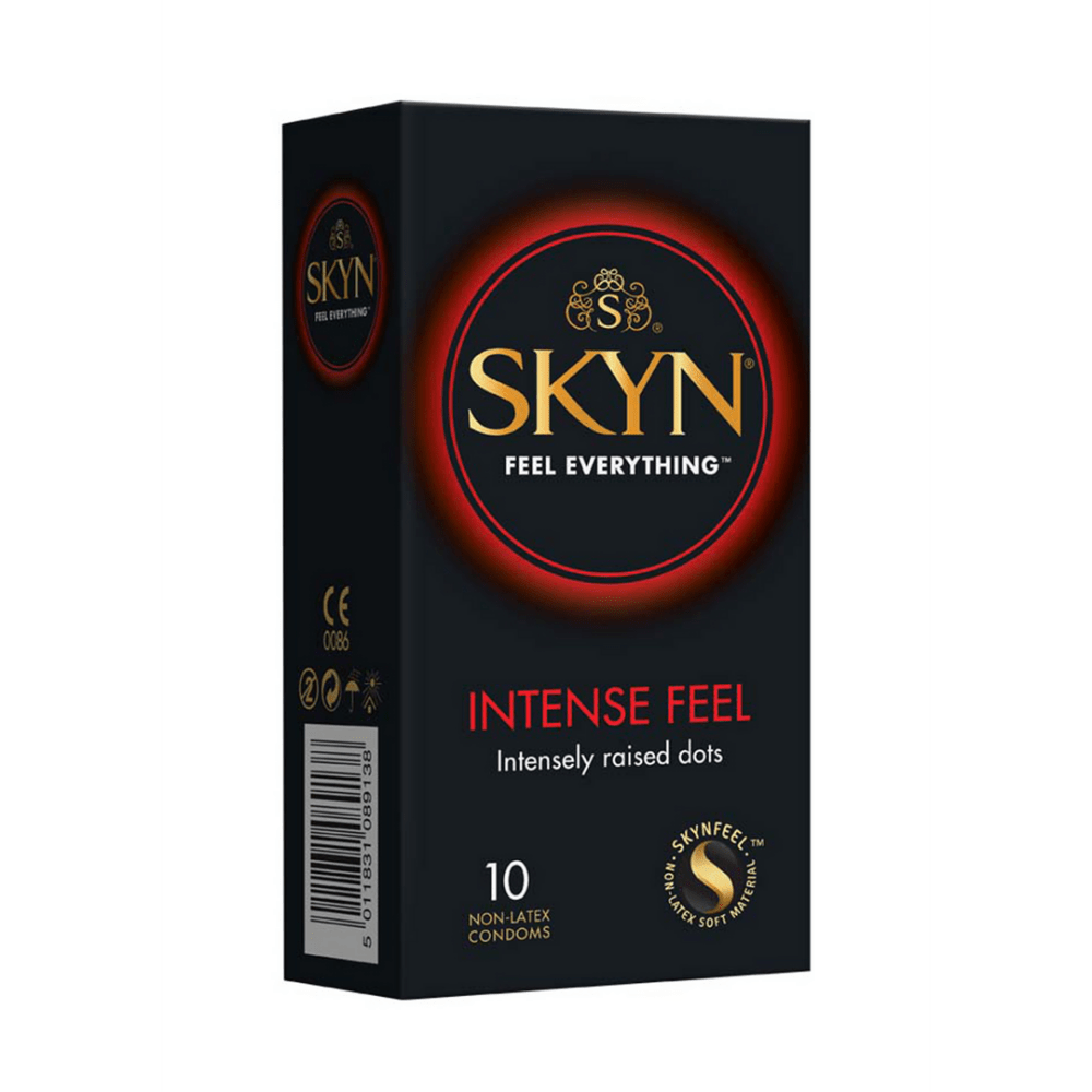 Mates Skyn Intense Feel condooms 10 stuks, verpakking zwart met rode accenten, vooraanzicht