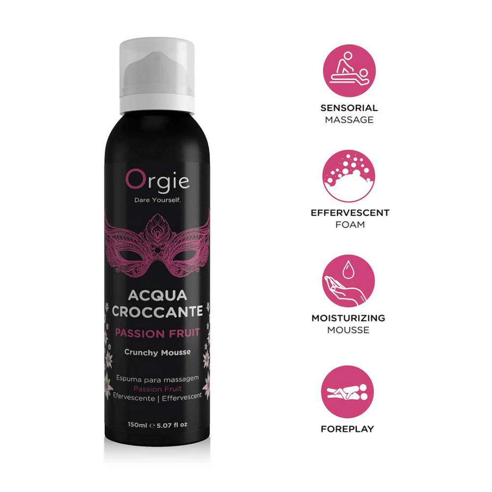 Orgie Acqua Croccante Passionfruit crackling massage mousse 150 ml, fles met effecticonen