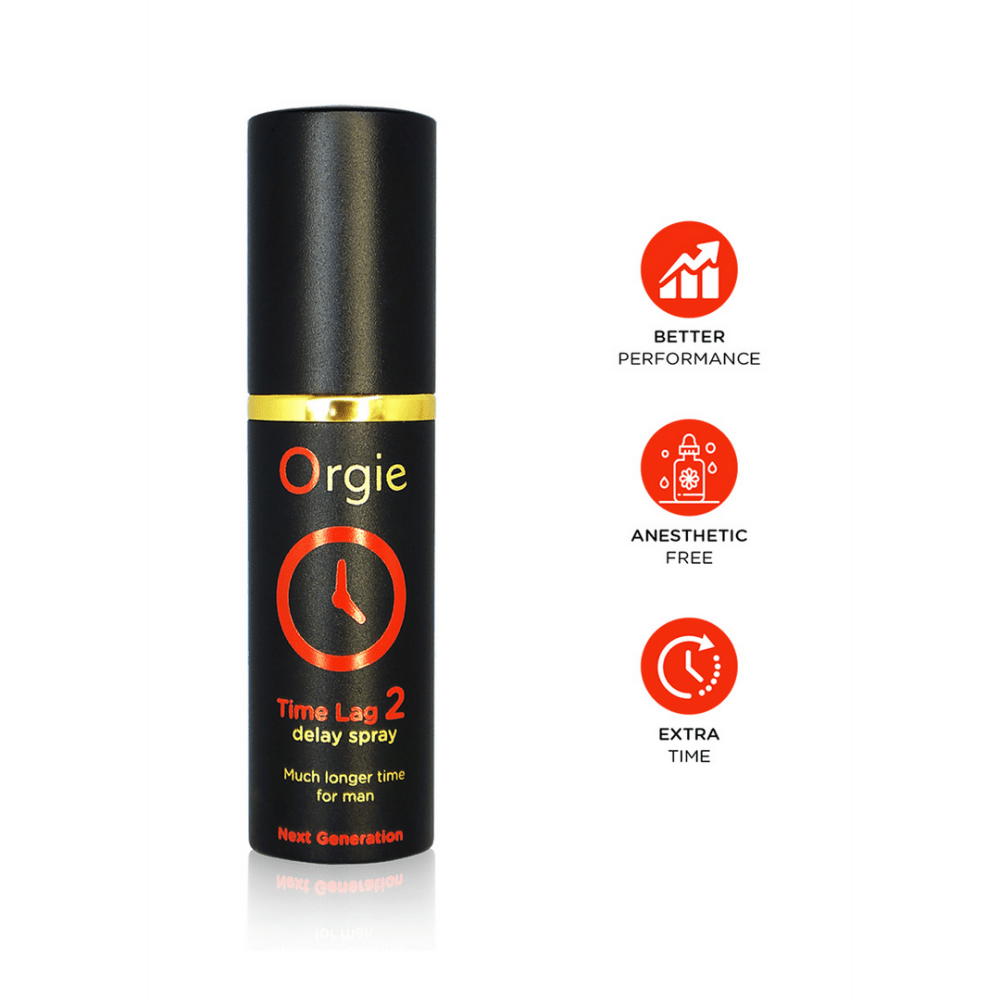 Orgie Time Lag 2 Delay Spray Next Generation 10 ml flesje met pictogrammen van voordelen en gebruiksinfo