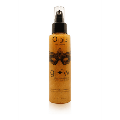 Orgie Glow Shimmer Bodyolie 110 ml gouden fles met pomp voor satijnzachte glanzende huid